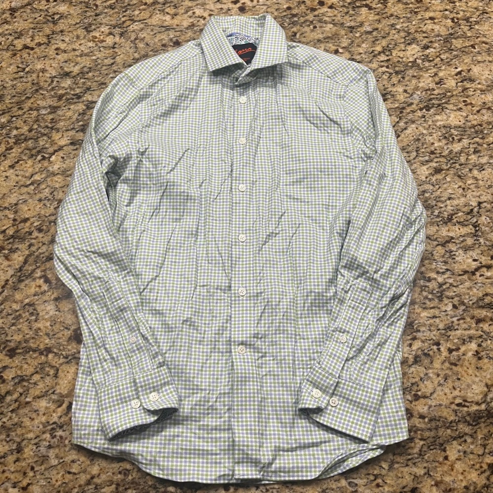 Egara Mens Slim Fit Stretch Non Iron Dress Shirt Green Blue Check Medium M